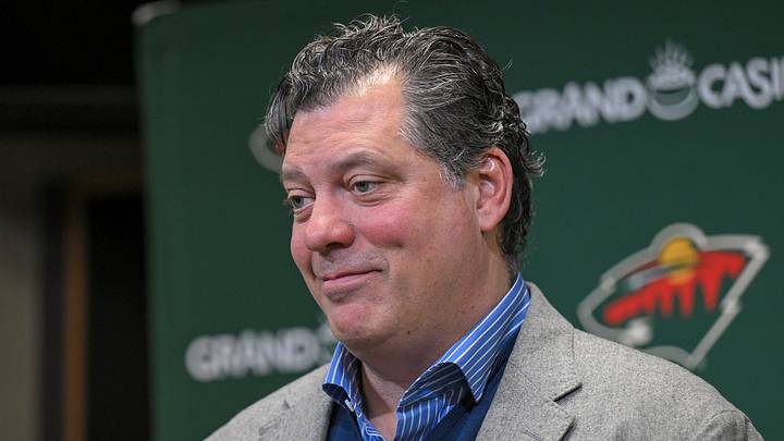 Dec 13, 2025; Saint Paul, Minnesota, USA;  Minnesota Wild general manger Bill Guerin addresses the media about acquiring defensemen Quinn Hughes via trade from the Vancouver Canucks before a game against the Ottawa Senators at Grand Casino Arena. Mandatory Credit: Nick Wosika-Imagn Images