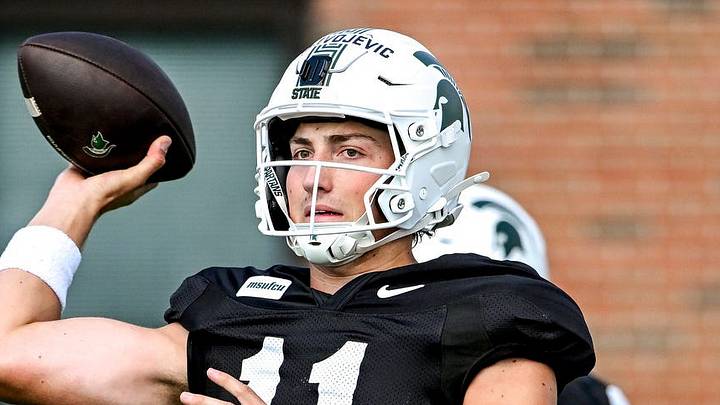 Michigan State quarterback Alessio Milivojevic throws a pass during football practice on Monday, Aug. 17, 2026, in East Lansing. Michigan State quarterback Alessio Milivojevic throws a pass during football practice on Monday, Aug. 17, 2026, in East Lansing.