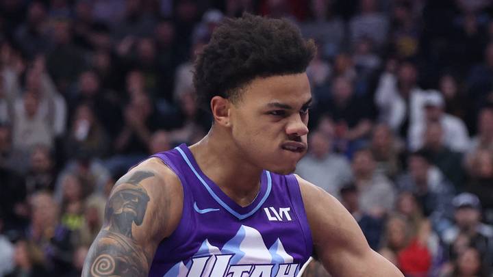 Feb 22, 2025; Salt Lake City, Utah, USA; Utah Jazz guard Keyonte George (3) reacts to a play against the Houston Rockets during the first half at Delta Center. Mandatory Credit: Rob Gray-Imagn Images Feb 22, 2025; Salt Lake City, Utah, USA; Utah Jazz guard Keyonte George (3) reacts to a play against the Houston Rockets during the first half at Delta Center. Mandatory Credit: Rob Gray-Imagn Images
