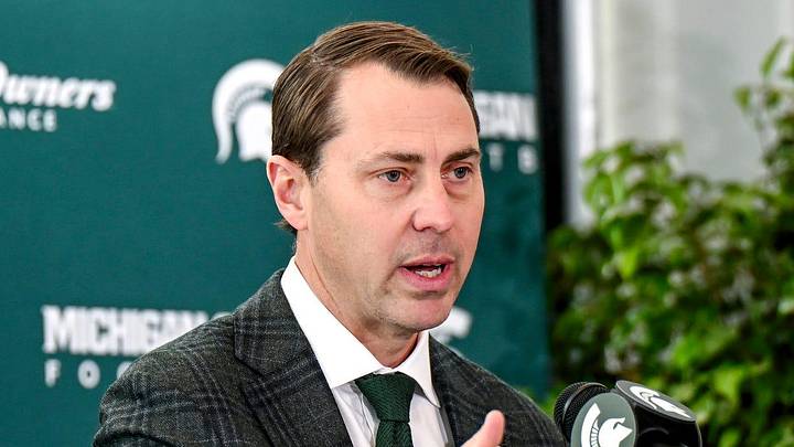 Michigan State athletic director J Batt speaks during the introductory press conference for new football coach Pat Fitzgerald on Tuesday, Dec. 2, 2025, at the Tom Izzo Football Building in East Lansing.