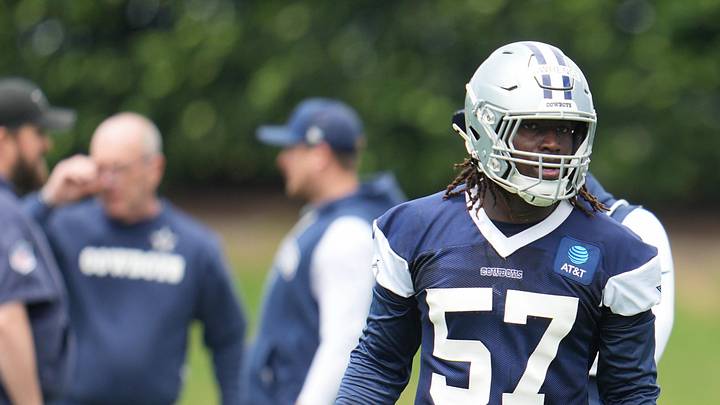 Dallas Cowboys OLB Malachi Lawrence goes through a drill during practice at the Ford Center at the Star Training Facility.