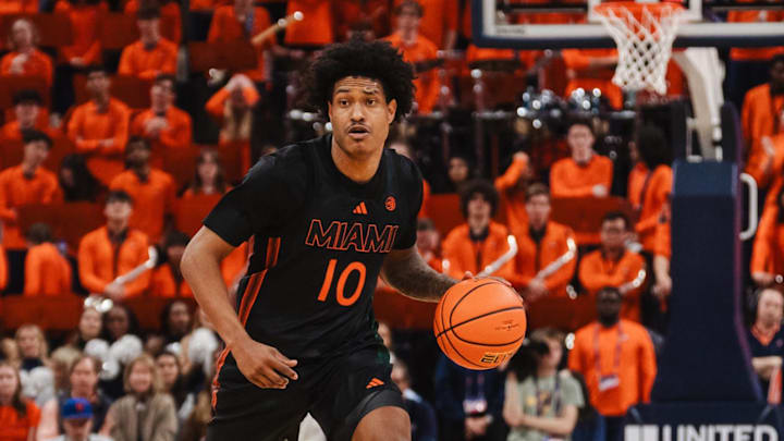 Feb 21, 2026; Charlottesville, Virginia, USA; Miami (FL) Hurricanes guard Tru Washington (10) brings the ball up court during the first half against the Virginia Cavaliers at John Paul Jones Arena. Mandatory Credit: Emily Faith Morgan-Imagn Images Feb 21, 2026; Charlottesville, Virginia, USA; Miami (FL) Hurricanes guard Tru Washington (10) brings the ball up court during the first half against the Virginia Cavaliers at John Paul Jones Arena. Mandatory Credit: Emily Faith Morgan-Imagn Images