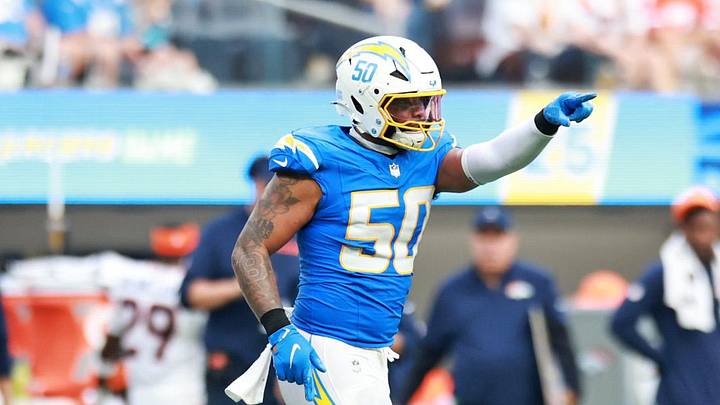 Sep 21, 2025; Inglewood, California, USA; Los Angeles Chargers linebacker Caleb Murphy (50) reacts after the game against the Denver Broncos at SoFi Stadium. Mandatory Credit: William Navarro-Imagn Images