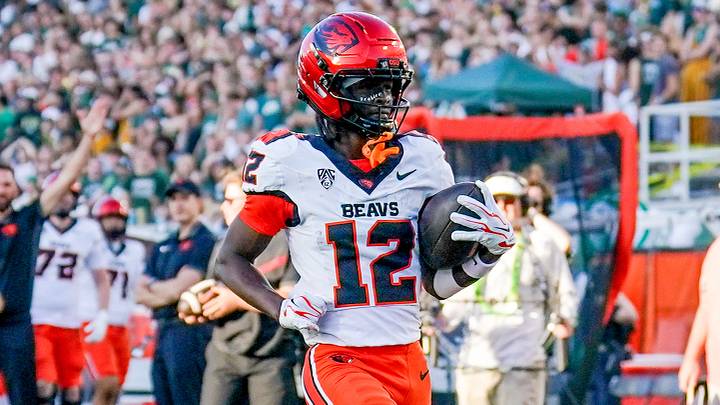 Oct 3, 2026; Fort Collins, Colorado, USA; Oregon State Beavers wide receiver Jesse Legree (12) runs for a touchdown against the Colorado State Rams in the first half at Sonny Lubick Field at Canvas Stadium. Mandatory Credit: Andrew Rydland-Imagn Images Oct 3, 2026; Fort Collins, Colorado, USA; Oregon State Beavers wide receiver Jesse Legree (12) runs for a touchdown against the Colorado State Rams in the first half at Sonny Lubick Field at Canvas Stadium. Mandatory Credit: Andrew Rydland-Imagn Images