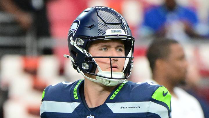 Seattle Seahawks quarterback Drew Lock (2) warms up 