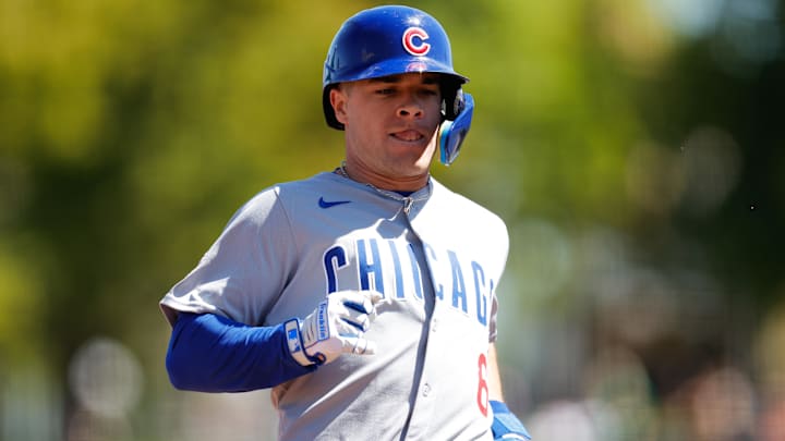Apr 2, 2025; West Sacramento, California, USA; Chicago Cubs second base Matt Shaw (6) advances to third base on a single by outfielder Ian Happ (8) during the second inning against the Athletics at Sutter Health Park.