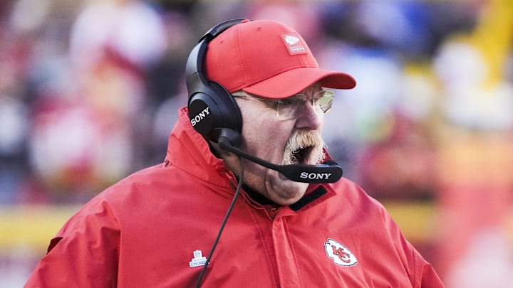 Dec 14, 2025; Kansas City, Missouri, USA; Kansas City Chiefs head coach Andy Reid reacts to a play against the Los Angeles Chargers during the third quarter at GEHA Field at Arrowhead Stadium. Mandatory Credit: Denny Medley-Imagn Images