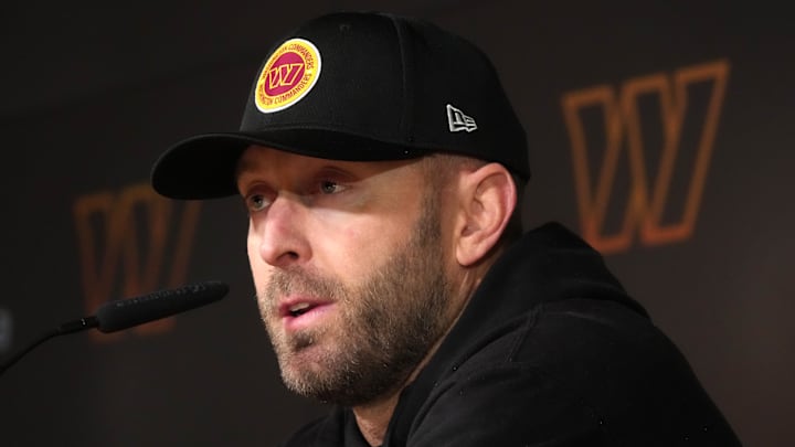 Nov 13, 2025; Madrid, Spain; Washington Commanders offensive coordinator Kliff Kingsbury at press conference at Ciudad Deportiva del Real Madrid. Mandatory Credit: Kirby Lee-Imagn Images