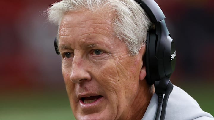 Dec 21, 2025; Houston, Texas, USA ;Las Vegas Raiders head coach Pete Carroll walks the sidelines while playing against the Houston Texans in the first quarter at NRG Stadium. Mandatory Credit: Thomas Shea-Imagn Images