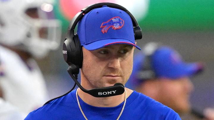Oct 12, 2026; Inglewood, California, USA;  Buffalo Bills head coach Joe Brady looks on during the first quarter against the Los Angeles Rams at SoFi Stadium.  Mandatory Credit: Jayne Kamin-Oncea-Imagn Images