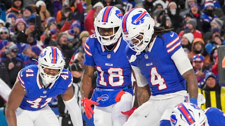 Dec 7, 2025; Orchard Park, New York, USA; Buffalo Bills tight end Jackson Hawes (85) celebrates scoring a touchdown in the fourth quarter against the Cincinnati Bengals at Highmark Stadium. Dec 7, 2025; Orchard Park, New York, USA; Buffalo Bills tight end Jackson Hawes (85) celebrates scoring a touchdown in the fourth quarter against the Cincinnati Bengals at Highmark Stadium.
