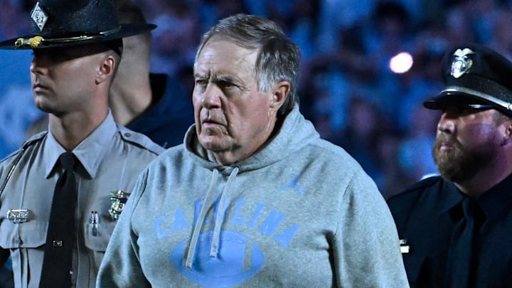 Sep 1, 2025; Chapel Hill, North Carolina, USA; North Carolina Tar Heels head coach Bill Belichick walks on to the field before the game at Kenan Stadium. Mandatory Credit: Bob Donnan-Imagn Images