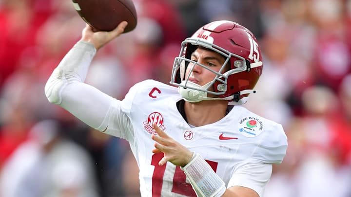 Jan 1, 2026; Pasadena, CA, USA; Alabama Crimson Tide quarterback Ty Simpson (15) passes against the Indiana Hoosiers in the first half of the 2026 Rose Bowl and quarterfinal game of the College Football Playoff at Rose Bowl Stadium. Mandatory Credit: Gary A. Vasquez-Imagn Images