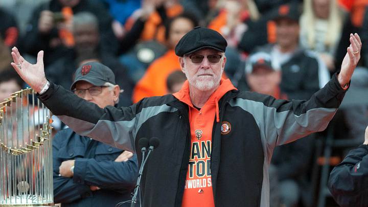 San Francisco, CA, USA; San Francisco Giants broadcaster Mike Krukow pumps up the crowd during the World Series celebration at City Hall. The San Francisco Giants defeated the Kansas City Royals in game seven of the World Series. Mandatory Credit: Ed Szczepanski-USA TODAY Sports