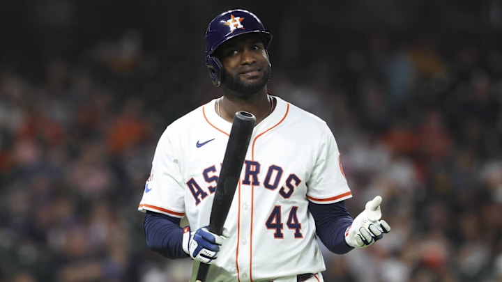 Houston Astros designated hitter Yordan Alvarez reacts to being struck out.
