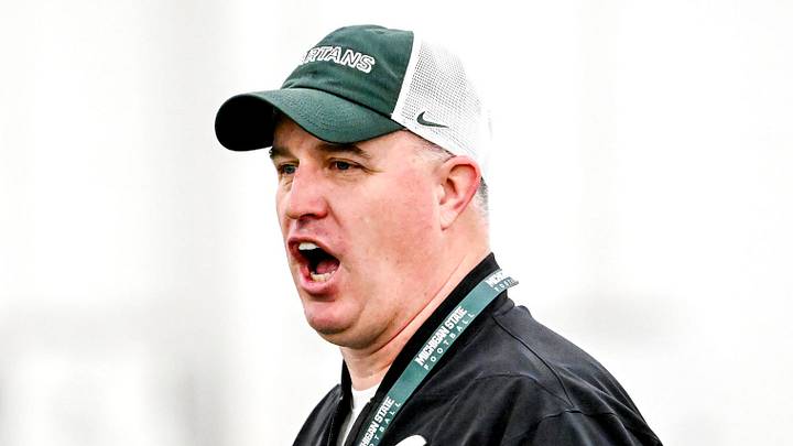 Michigan State's head coach Pat Fitzgerald calls out to players during spring football practice on Tuesday, April 14, 2026, in East Lansing. Michigan State's head coach Pat Fitzgerald calls out to players during spring football practice on Tuesday, April 14, 2026, in East Lansing.