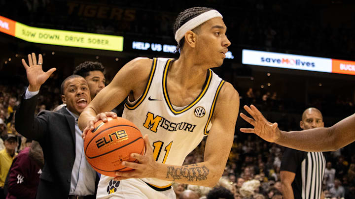 Feb. 9, 2025; Columbia, Missouri, USA; Missouri Tigers forward Trent Pierce gets ready to dribble against the Texas A&M Aggies at Mizzou Arena. / Amber Winkler/Missouri on SI