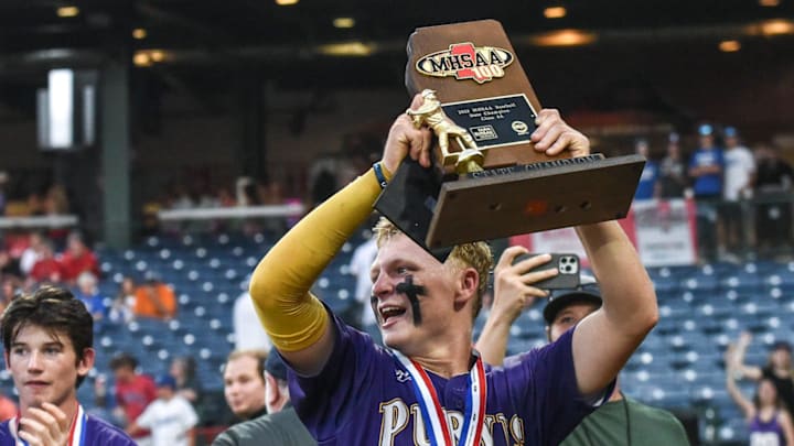 Purvis' Jojo Parker (1) celebrates the team's win after playing West Lauderdale during the MHSAA class 6A baseball championships at Trustmark Park in Pearl, Miss., Friday, June 2, 2023.