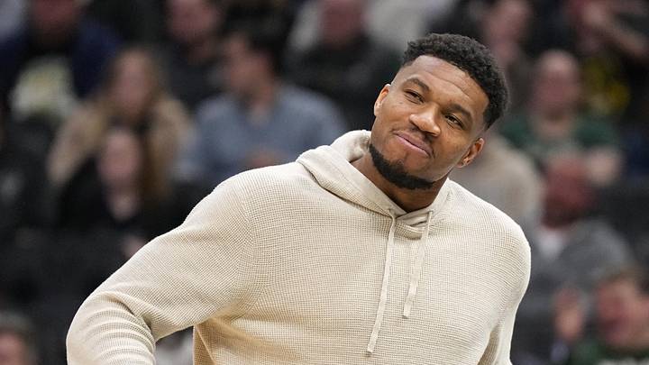Apr 10, 2026; Milwaukee, Wisconsin, USA;  Milwaukee Bucks forward Giannis Antetokounmpo reacts following a play during the second quarter against the Brooklyn Nets at Fiserv Forum. Mandatory Credit: Jeff Hanisch-Imagn Images