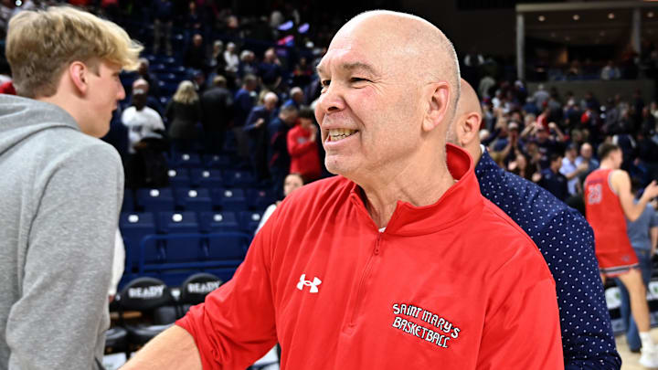 Feb 22, 2025; Spokane, Washington, USA; St. Mary's Gaels head coach Randy Bennett celebrates after a game against the Gonzaga Bulldogs at McCarthey Athletic Center. Mandatory Credit: James Snook-Imagn Images