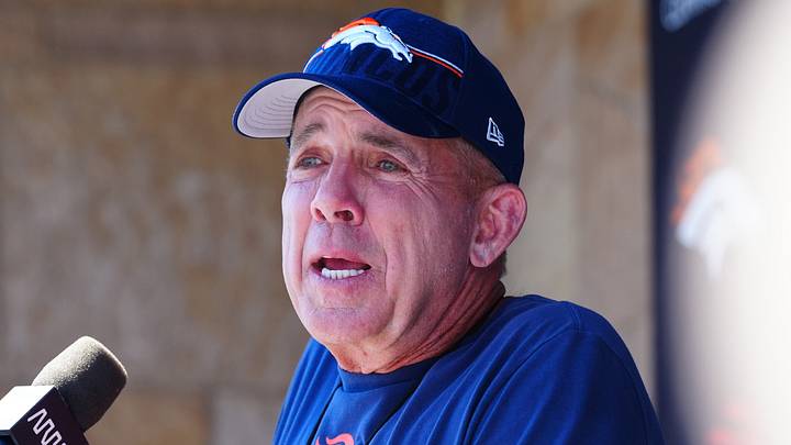 Aug 1, 2026; Englewood, CO, USA; Denver Broncos head coach Sean Payton speaks to the media following training camp drills at Broncos Park. Mandatory Credit: Ron Chenoy-Imagn Images