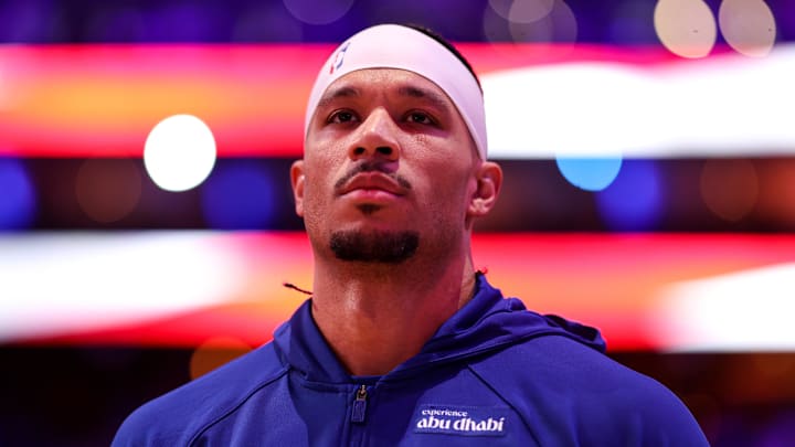 Jan 24, 2026; Philadelphia, Pennsylvania, USA; New York Knicks guard Josh Hart stands for the anthem before action against the Philadelphia 76ers at Xfinity Mobile Arena. Mandatory Credit: Bill Streicher-Imagn Images Jan 24, 2026; Philadelphia, Pennsylvania, USA; New York Knicks guard Josh Hart stands for the anthem before action against the Philadelphia 76ers at Xfinity Mobile Arena. Mandatory Credit: Bill Streicher-Imagn Images