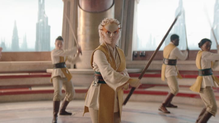 (Center): Jedi Padawan Jecki Lon (Dafne Keen) in Lucasfilm's THE ACOLYTE, exclusively on Disney+. ©2024 Lucasfilm Ltd. & TM. All Rights Reserved.