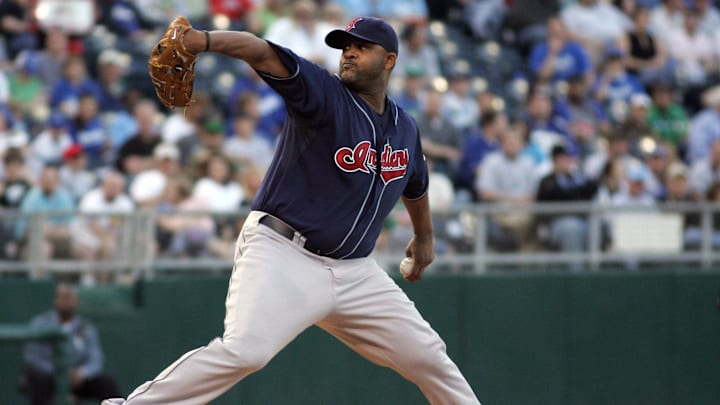 Ap 22, 2008; Kansas City, MO, USA; Cleveland Indians starting pitcher  (52) C.C. Sabathia delivers a pitch in the first inning against the Kansas City Royals at Kauffman Stadium in Kansas City, MO. Mandatory Credit: John Rieger-Imagn Images