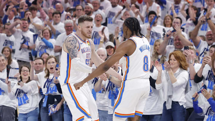 Apr 20, 2025; Oklahoma City, Oklahoma, USA; Oklahoma City Thunder center Isaiah Hartenstein (55) and forward Jalen Williams (8) celebrate against the Memphis Grizzlies during the second quarter at Paycom Center. Mandatory Credit: Alonzo Adams-Imagn Images Apr 20, 2025; Oklahoma City, Oklahoma, USA; Oklahoma City Thunder center Isaiah Hartenstein (55) and forward Jalen Williams (8) celebrate against the Memphis Grizzlies during the second quarter at Paycom Center. Mandatory Credit: Alonzo Adams-Imagn Images