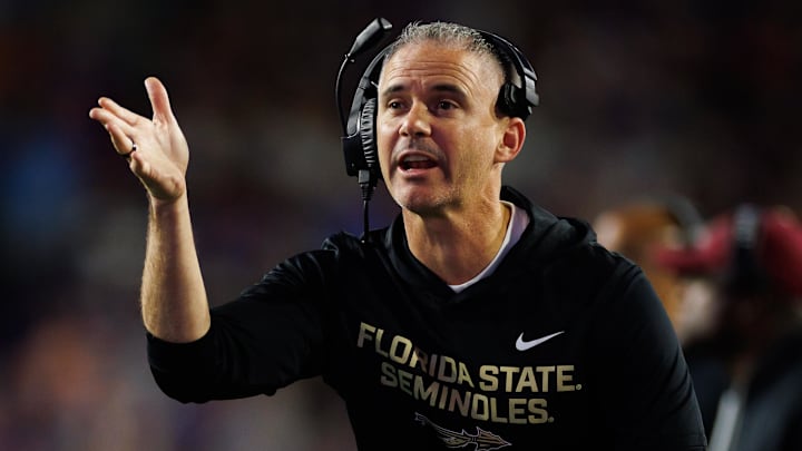 Nov 29, 2025; Gainesville, Florida, USA; Florida State Seminoles head coach Mike Norvell gestures against the Florida Gators during the second half at Ben Hill Griffin Stadium. Mandatory Credit: Matt Pendleton-Imagn Images