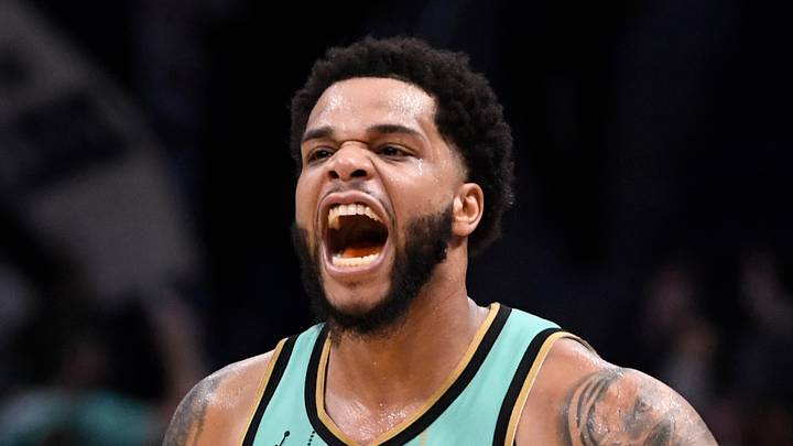Charlotte, North Carolina, USA; Charlotte Hornets forward Miles Bridges (0) reacts after scoring during the second half against the Chicago Bulls at the Spectrum Center on Dec 30, 2024. Charlotte, North Carolina, USA; Charlotte Hornets forward Miles Bridges (0) reacts after scoring during the second half against the Chicago Bulls at the Spectrum Center on Dec 30, 2024.