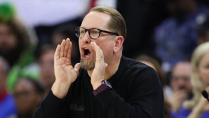 Philadelphia 76ers head coach Nick Nurse reacts to a play against the New York Knicks during the third quarter of game three of the second round of the 2026 NBA Playoffs at Xfinity Mobile Arena on May 8, 2026.