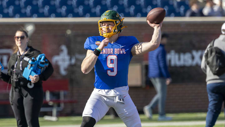 Jan 28, 2026; Mobile, AL, USA; National Team quarterback Cole Payton (9) of North Dakota State passes during National Senior Bowl practice at Hancock Whitney Stadium. Mandatory Credit: Vasha Hunt-Imagn Images