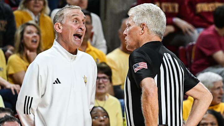 Mar 7, 2026; Ames, Iowa, USA; Arizona State Sun Devils head coach Bobby Hurley reacts with an official during the second half against the Iowa State Cyclones at James H. Hilton Coliseum. Mandatory Credit: Jeffrey Becker-Imagn Images
