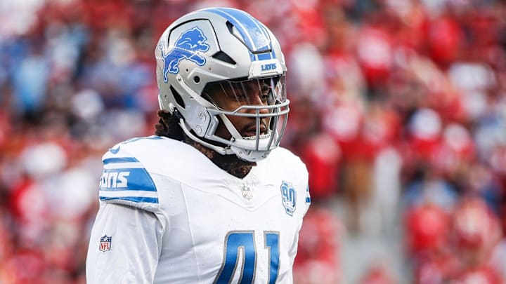 Lions linebacker James Houston looks on during warmups before the NFC championship game at Levi's Stadium in Santa Clara, California, on Sunday, Jan. 28, 2024.
