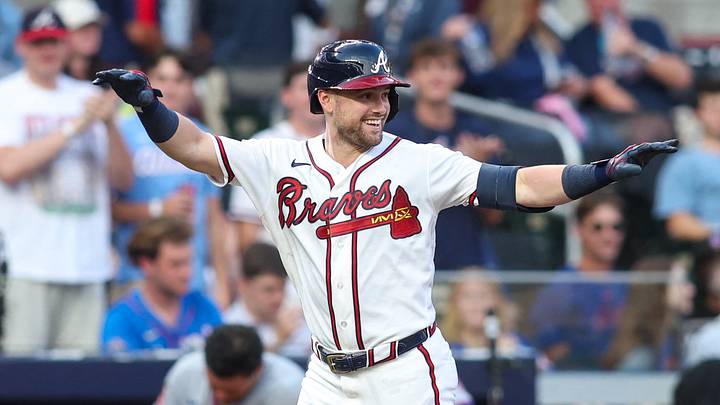 Aug 12, 2026; Atlanta, Georgia, USA; Atlanta Braves left fielder Lane Thomas (20) celebrates after a home run against the New York Mets in the second inning at Truist Park. Mandatory Credit: Brett Davis-Imagn Images Aug 12, 2026; Atlanta, Georgia, USA; Atlanta Braves left fielder Lane Thomas (20) celebrates after a home run against the New York Mets in the second inning at Truist Park. Mandatory Credit: Brett Davis-Imagn Images