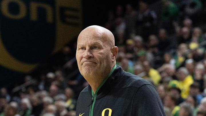 Oregon women's coach Kelly Graves look for a call from the officials during the second half against Michigan at Matthew Knight Arena Dec. 29, 2025.