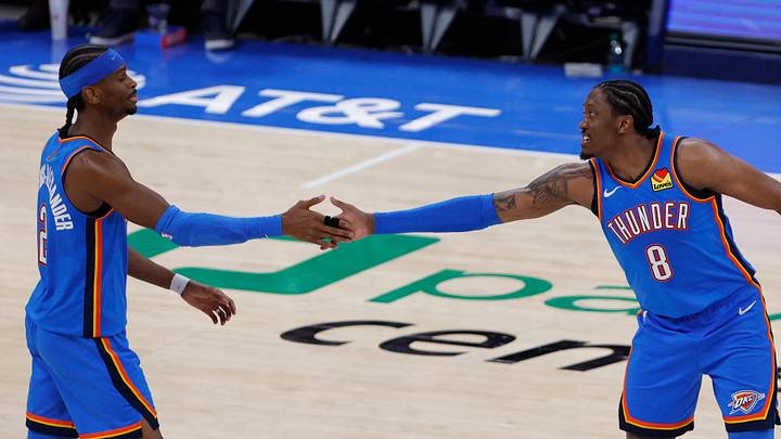Jan 13, 2026; Oklahoma City, Oklahoma, USA; Oklahoma City Thunder guard/forward Jalen Williams (8) celebrates with guard Shai Gilgeous-Alexander (2) after he scored against the San Antonio Spurs during the second half at Paycom Center. Mandatory Credit: Alonzo Adams-Imagn Images Jan 13, 2026; Oklahoma City, Oklahoma, USA; Oklahoma City Thunder guard/forward Jalen Williams (8) celebrates with guard Shai Gilgeous-Alexander (2) after he scored against the San Antonio Spurs during the second half at Paycom Center. Mandatory Credit: Alonzo Adams-Imagn Images