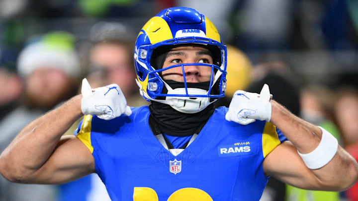 Dec 18, 2025; Seattle, Washington, USA; Los Angeles Rams wide receiver Puka Nacua (12) warms up before the game against the Seattle Seahawks at Lumen Field. Mandatory Credit: Steven Bisig-Imagn Images