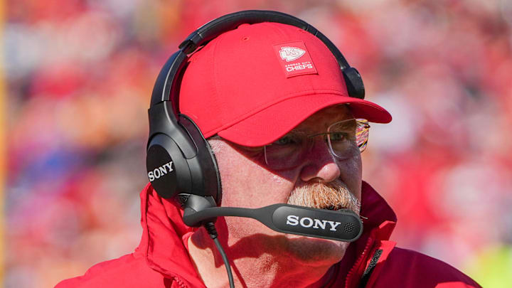 Nov 23, 2025; Kansas City, Missouri, USA; Kansas City Chiefs head coach Andy Reid watches play against the Indianapolis Colts during the game at GEHA Field at Arrowhead Stadium. Mandatory Credit: Denny Medley-Imagn Images