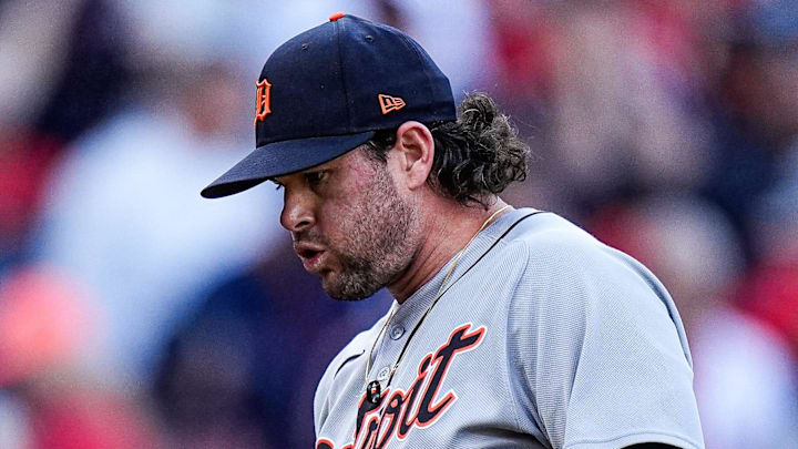 Detroit Tigers pitcher Kyle Finnegan (64) reacts after pitching sixth inning against Cleveland Guardians at Game 3 of AL wild-card series at Progressive Field in Cleveland on Thursday, Oct. 2, 2025. Detroit Tigers pitcher Kyle Finnegan (64) reacts after pitching sixth inning against Cleveland Guardians at Game 3 of AL wild-card series at Progressive Field in Cleveland on Thursday, Oct. 2, 2025.