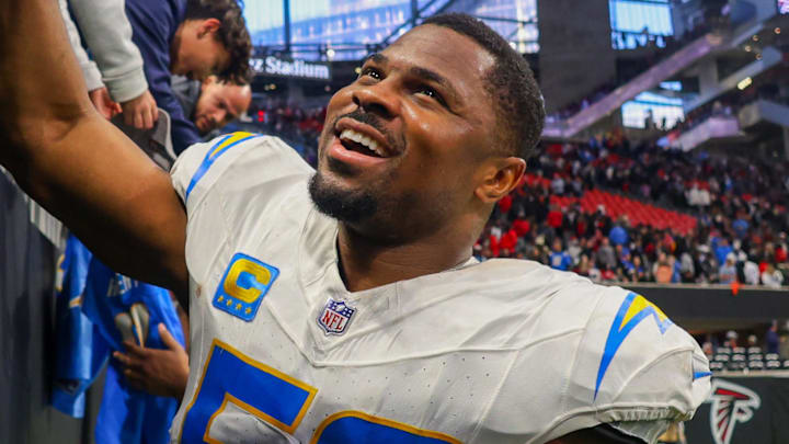 Dec 1, 2024; Atlanta, Georgia, USA; Los Angeles Chargers linebacker Khalil Mack (52) celebrates with fans after a victory over the Atlanta Falcons at Mercedes-Benz Stadium. Mandatory Credit: Brett Davis-Imagn Images