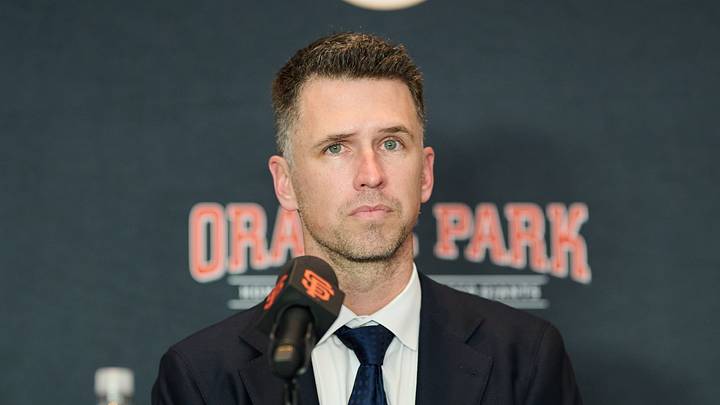 San Francisco, CA, USA; San Francisco Giants president of baseball operations Buster Posey listens during the introductory press conference for shortstop Willy Adames (not pictured) at Oracle Park. Mandatory Credit: Robert Edwards-Imagn Images San Francisco, CA, USA; San Francisco Giants president of baseball operations Buster Posey listens during the introductory press conference for shortstop Willy Adames (not pictured) at Oracle Park. Mandatory Credit: Robert Edwards-Imagn Images