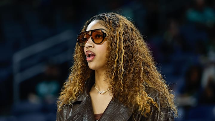 Chicago, Illinois, USA; Injured Chicago Sky forward Angel Reese (5) stands on the sidelines before a WNBA game against the New York Liberty at Wintrust Arena. Mandatory Credit: Kamil Krzaczynski-Imagn Images