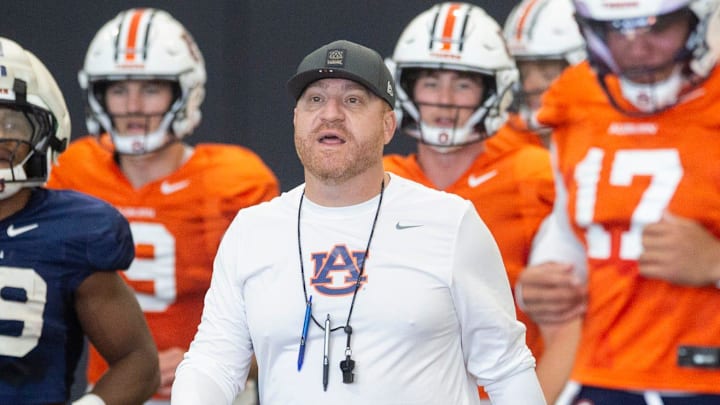Auburn Tigers head coach Alex Golesh talks with his team during practice at Woltosz Football Performance Center in Auburn, Ala. on Thursday, April 16, 2026. Auburn Tigers head coach Alex Golesh talks with his team during practice at Woltosz Football Performance Center in Auburn, Ala. on Thursday, April 16, 2026.