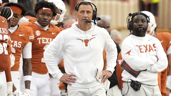 Nov 1, 2025; Austin, Texas, USA; Texas Longhorns head coach Steve Sarkisian observes the second half against the Vanderbilt Commodores at Darrell K Royal-Texas Memorial Stadium. Mandatory Credit: Scott Wachter-Imagn Images