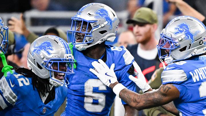 Detroit Lions cornerback Terrion Arnold (6) celebrates an interception in the second quarter against Vikings