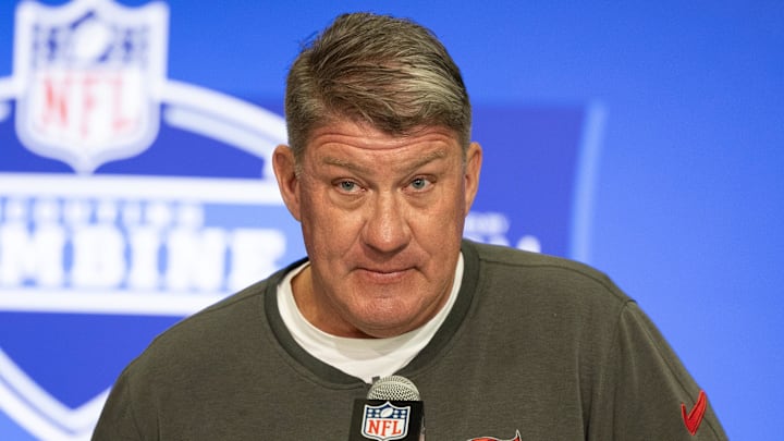 Feb 27, 2024; Indianapolis, IN, USA; Tampa Bay Buccaneers general manager Jason Licht talks to the media at the 2024 NFL Combine at Indiana Convention Center. Mandatory Credit: Trevor Ruszkowski-Imagn Images