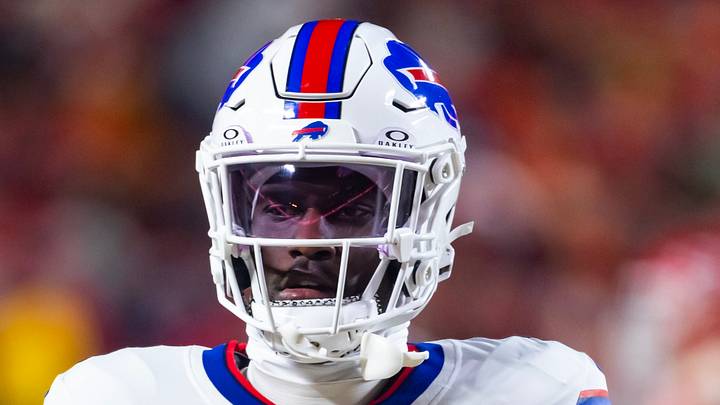 Jan 26, 2025; Kansas City, MO, USA; Buffalo Bills cornerback Kaiir Elam (5) against the Kansas City Chiefs during the AFC Championship game at GEHA Field at Arrowhead Stadium. Mandatory Credit: Mark J. Rebilas-Imagn Images