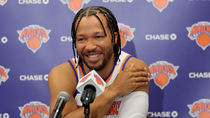 New York Knicks guard Jalen Brunson speaks to the media during a media day press conference. New York Knicks guard Jalen Brunson speaks to the media during a media day press conference.